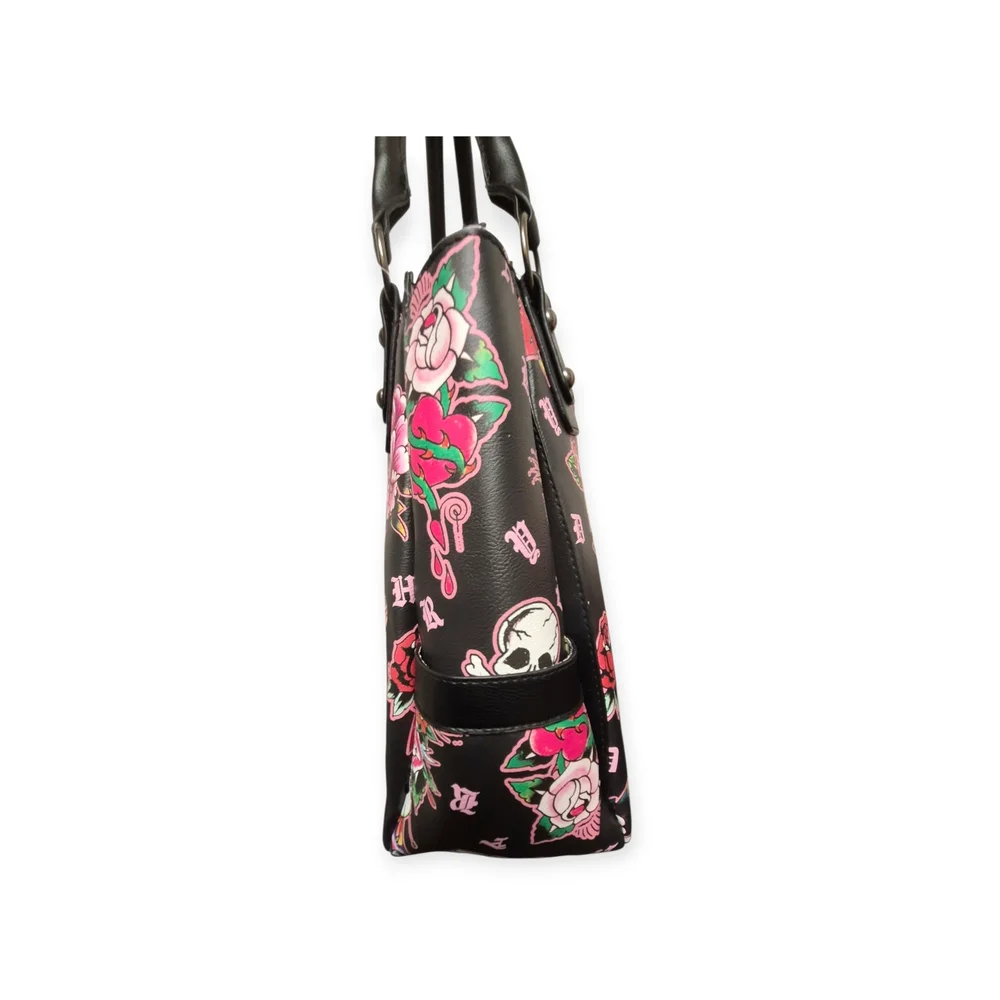 Skull & Floral Print Black Shoulder Tote